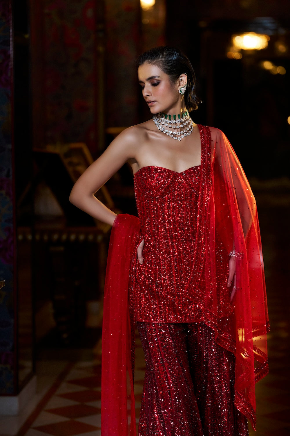 Off-Shoulder Red Sharara Set