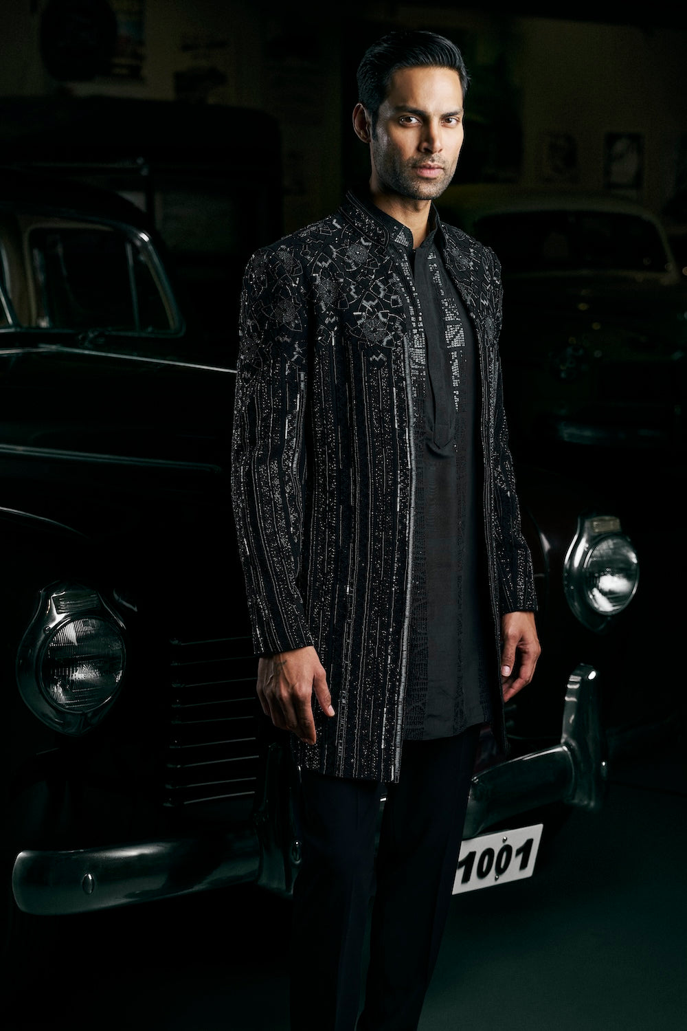 Black Abstract Open Sherwani Set