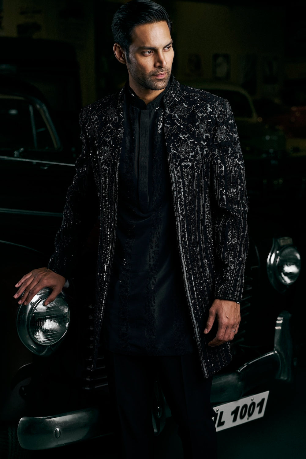 Black Abstract Open Sherwani Set