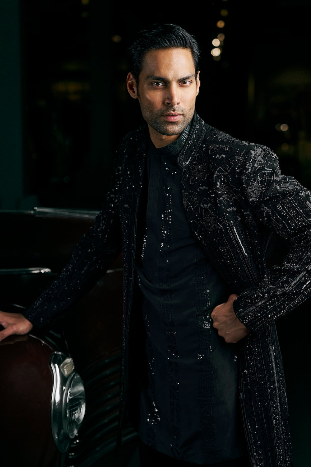 Black Abstract Open Sherwani Set