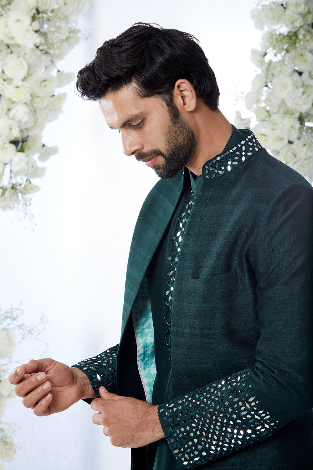 Emerald Green Mirror Open Sherwani Set