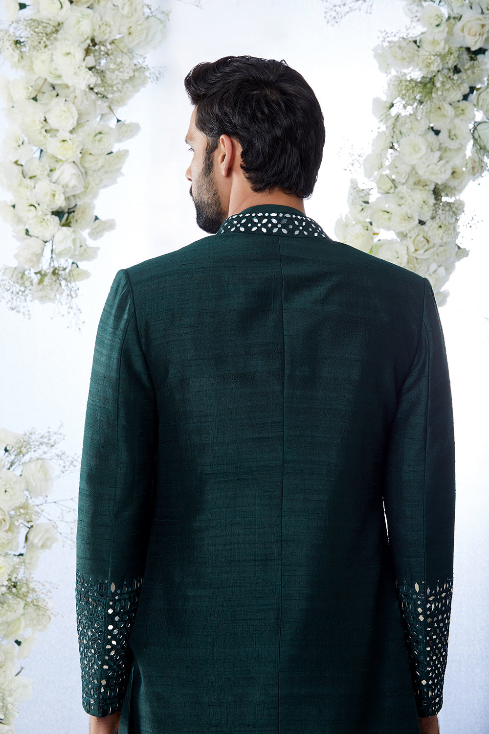 Emerald Green Mirror Open Sherwani Set