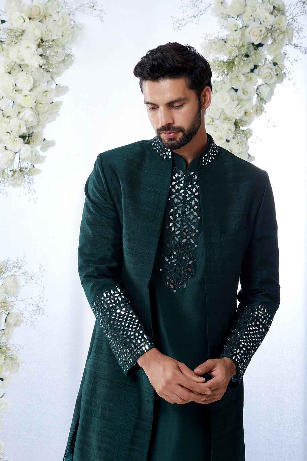 Emerald Green Mirror Open Sherwani Set