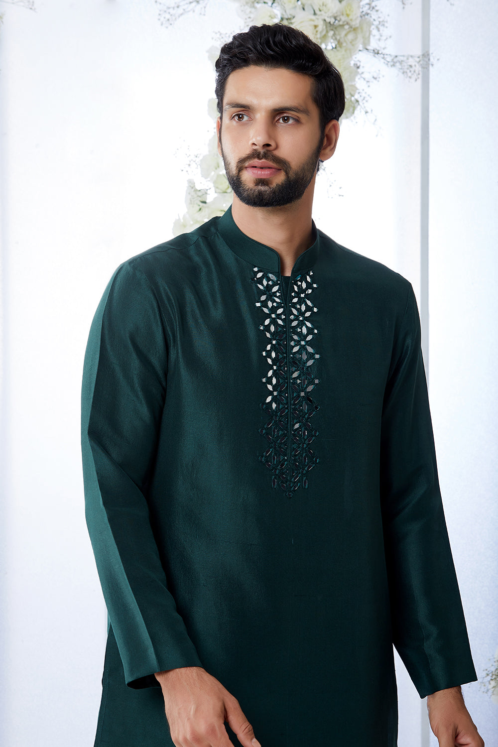 Emerald Green Mirror Open Sherwani Set