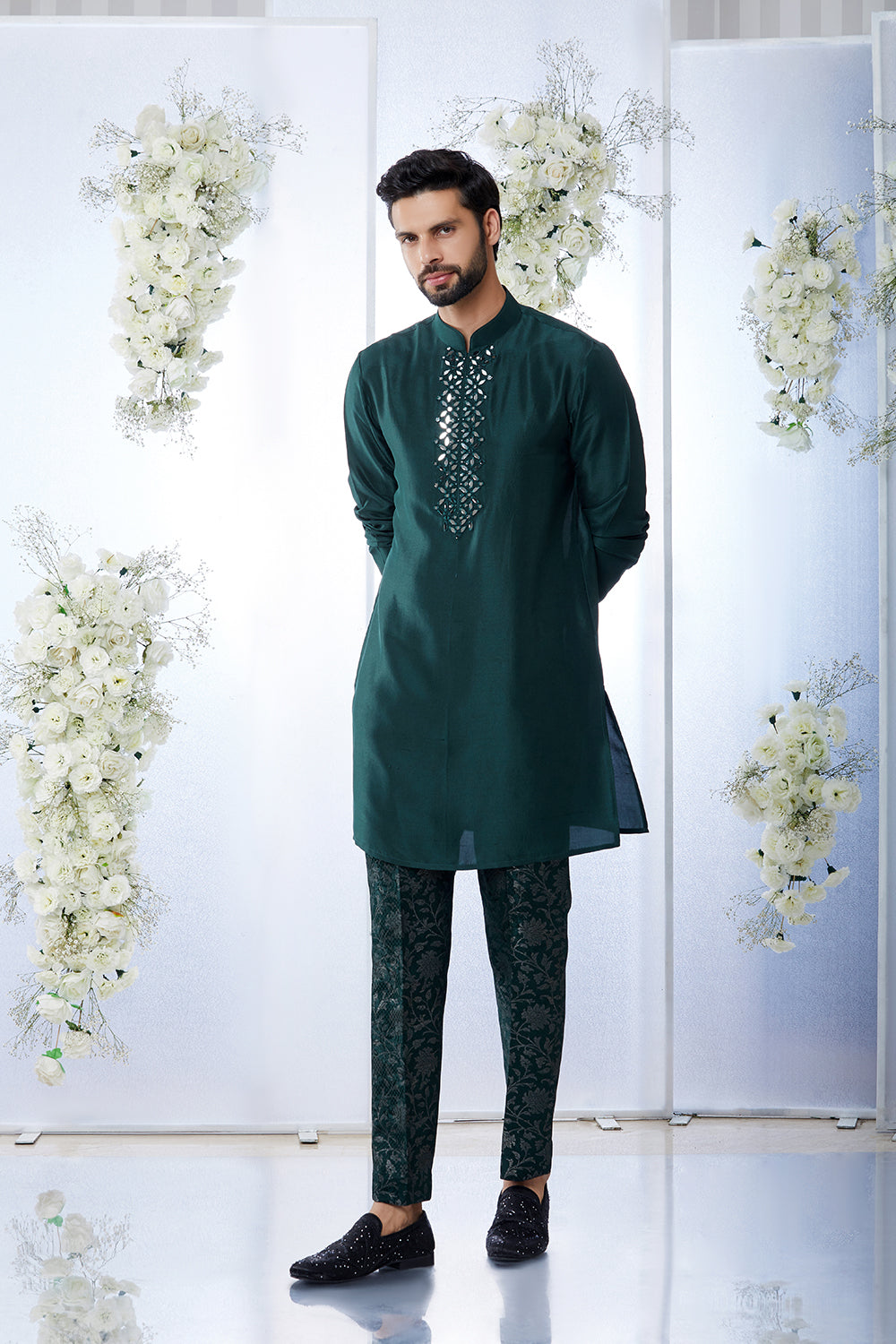 Emerald Green Mirror Open Sherwani Set