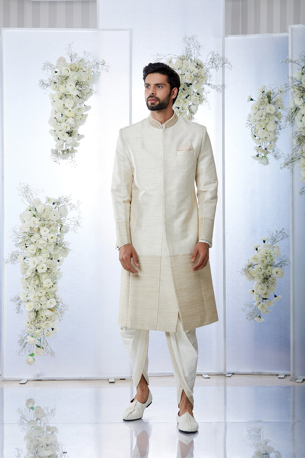 Cream Gold Sherwani Set