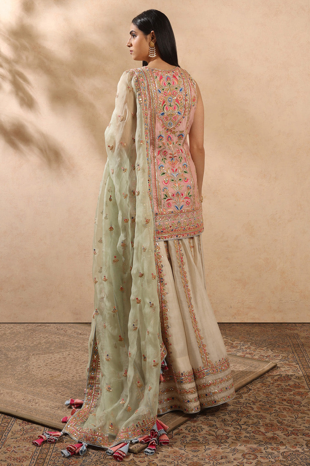 Ivory And Green Sharara Set