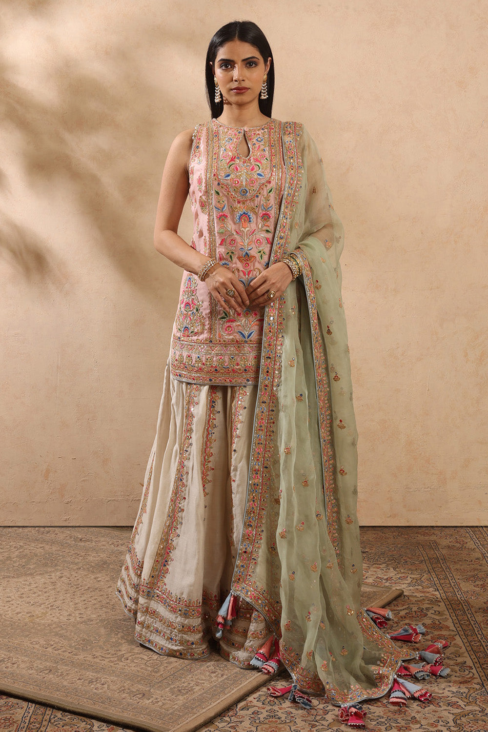 Ivory And Green Sharara Set