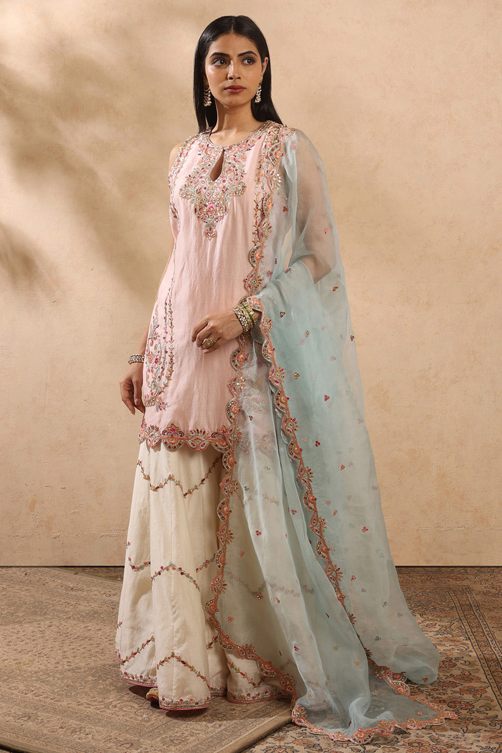 Ivory And Blue Sharara Set