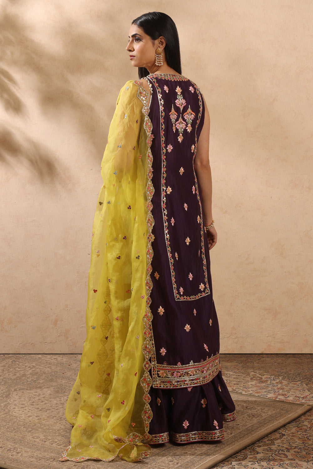 Aubergine And Yellow Sharara Set