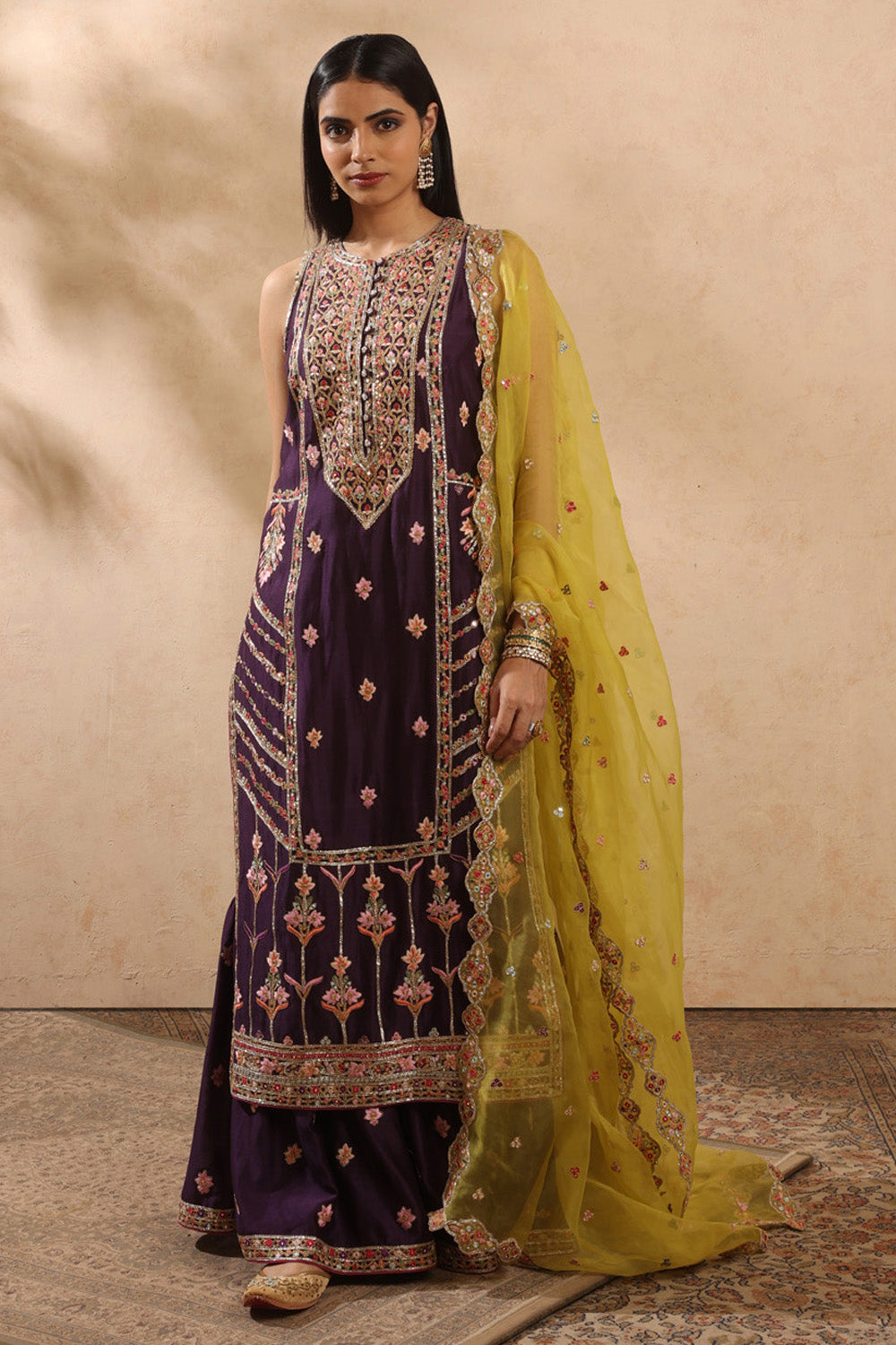 Aubergine And Yellow Sharara Set