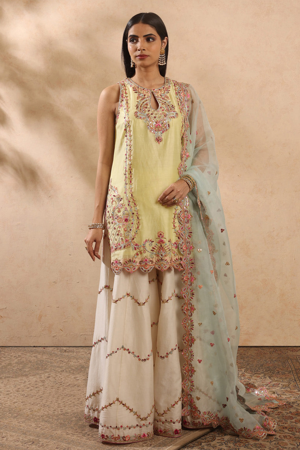 Lemon Yellow & Ivory Sharara Set