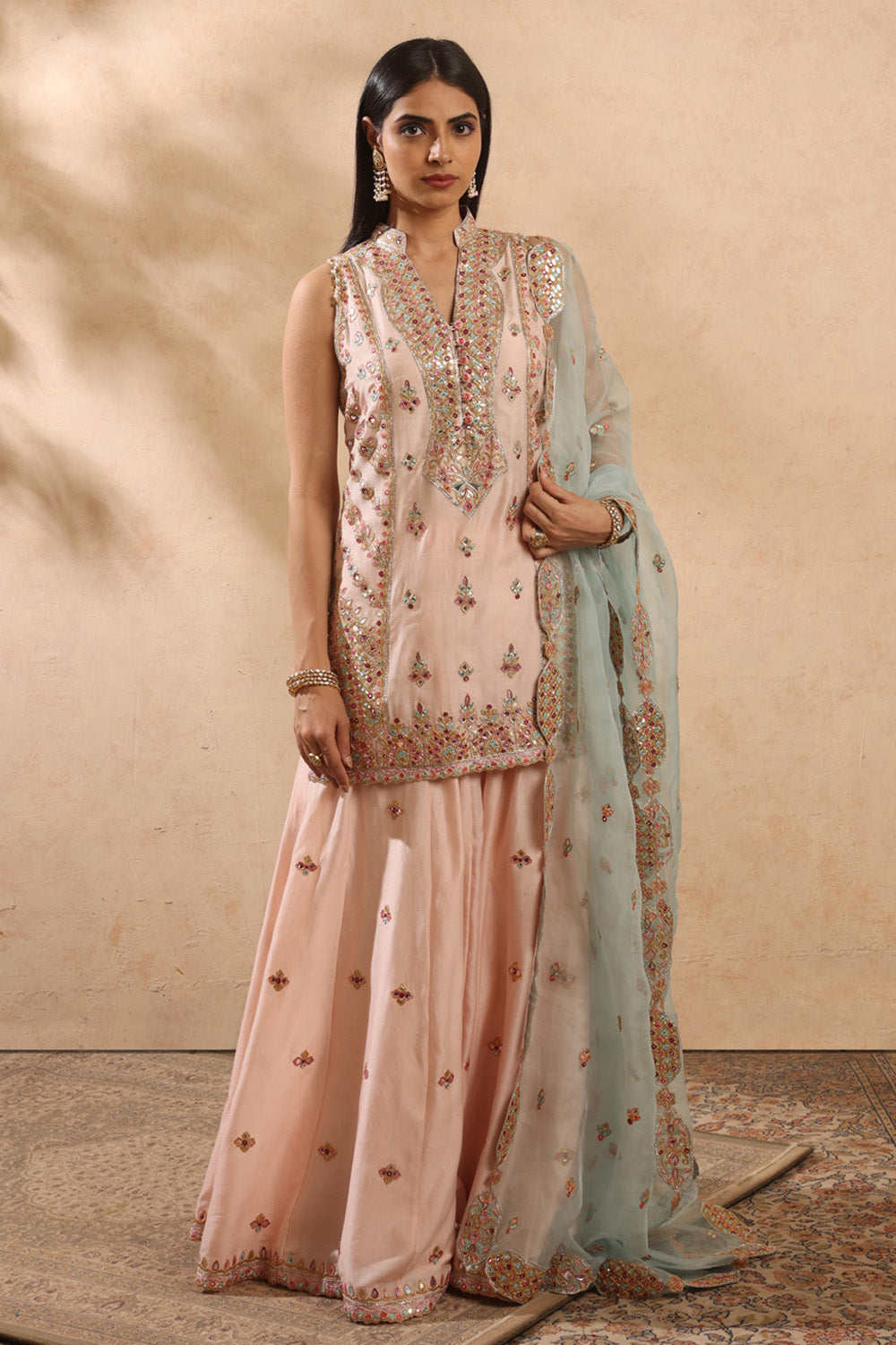 Peach & Blue Sharara Set