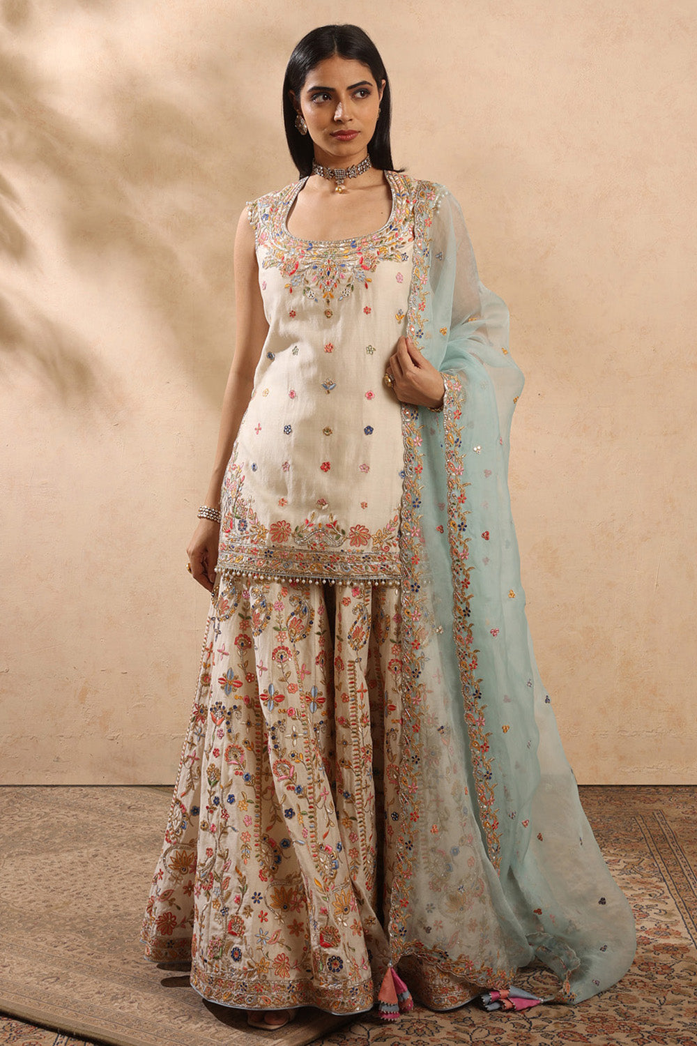 Ivory & Blue Sharara Set