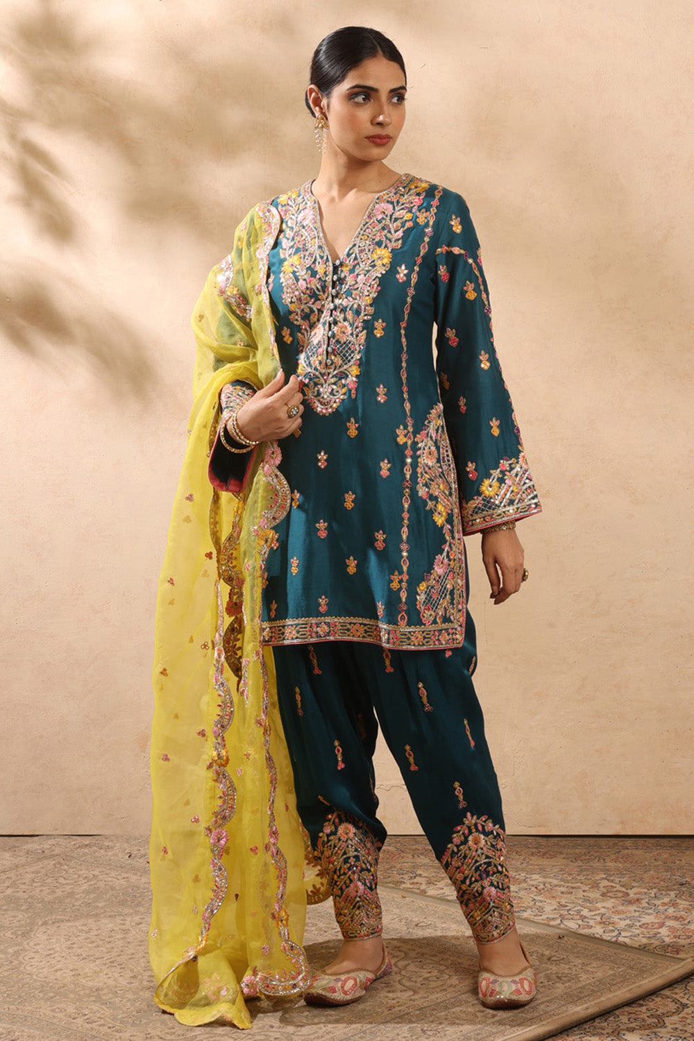 Teal Blue & Yellow Kurta Salwar Set