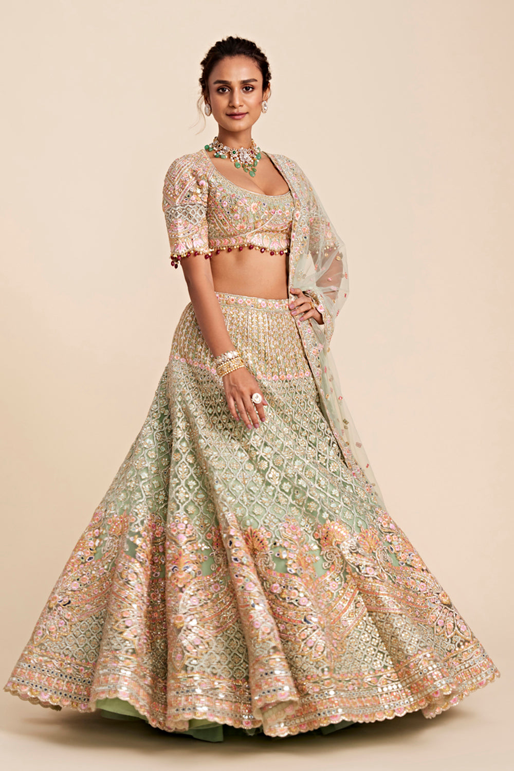 Green Tulle Lehenga Set