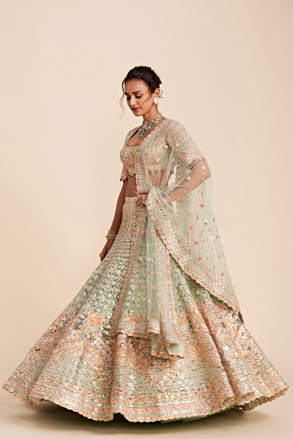 Green Tulle Lehenga Set