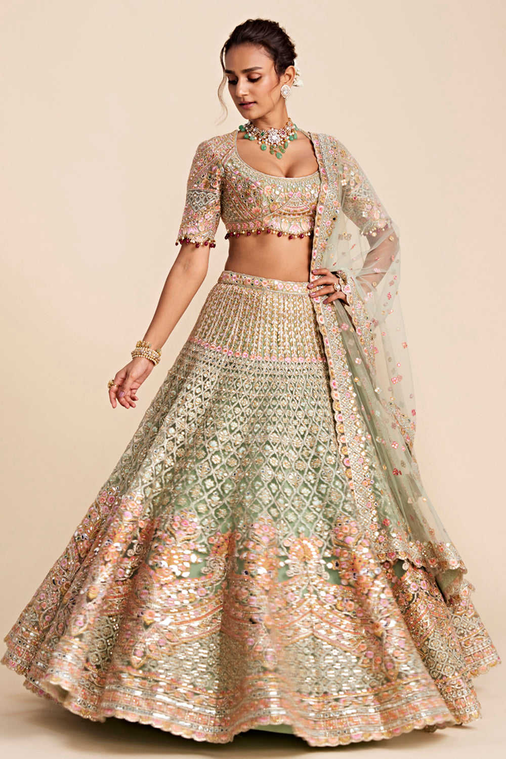 Green Tulle Lehenga Set