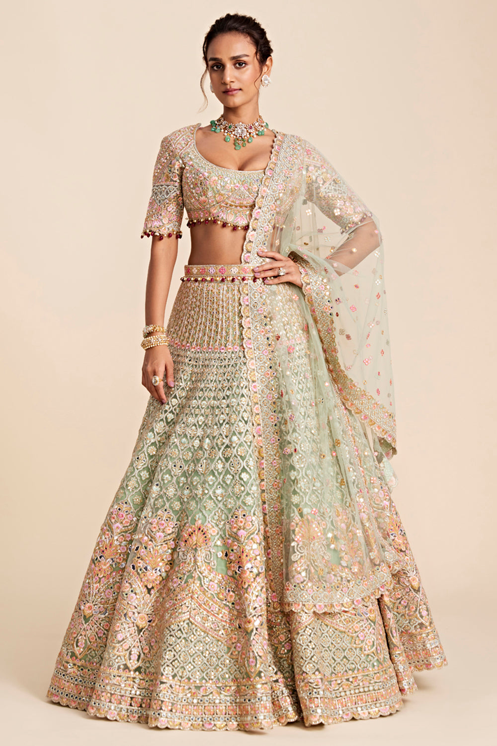 Green Tulle Lehenga Set