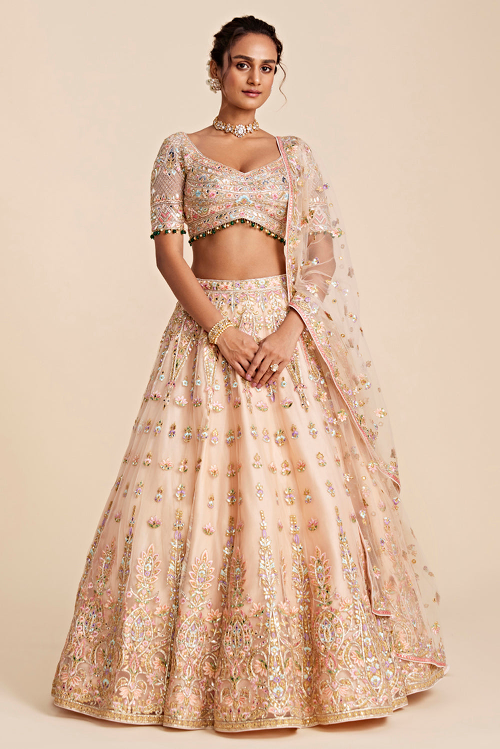 Peach Tulle Placement Embroidered Lehenga Set