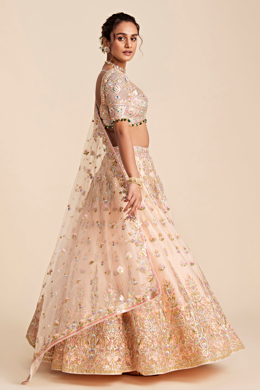 Peach Tulle Placement Embroidered Lehenga Set