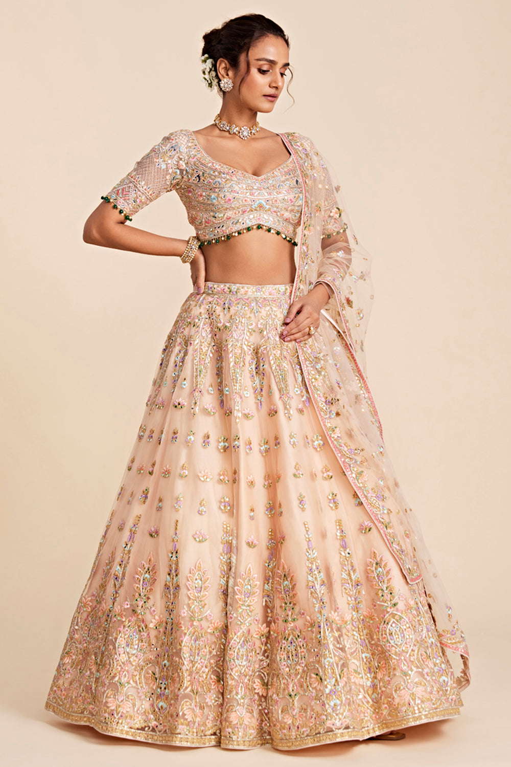 Peach Tulle Placement Embroidered Lehenga Set