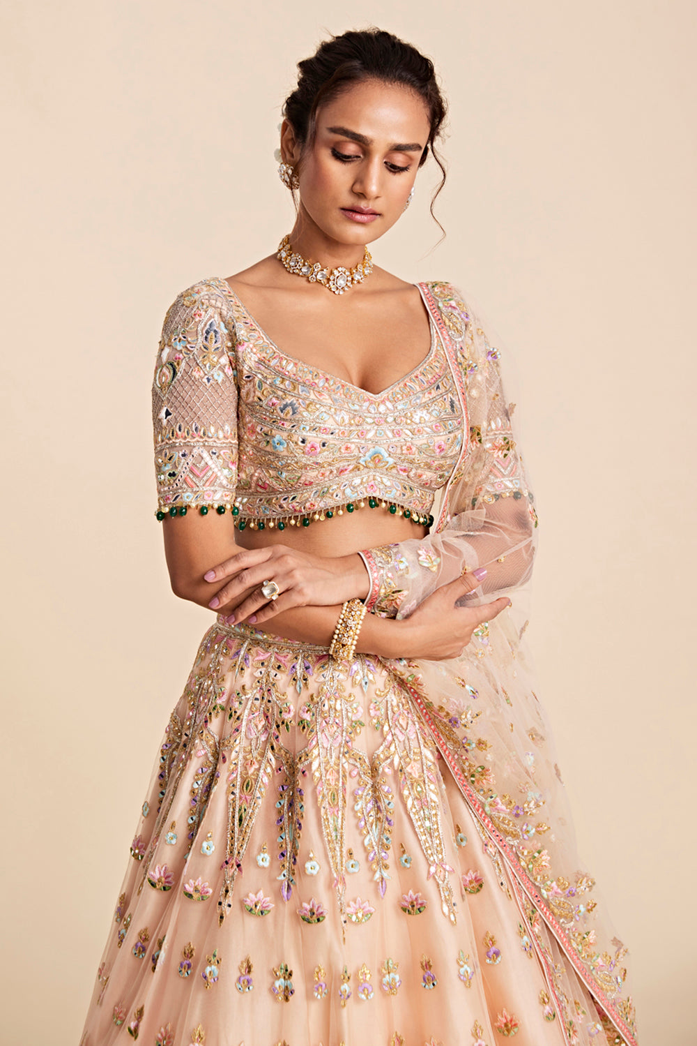 Peach Tulle Placement Embroidered Lehenga Set