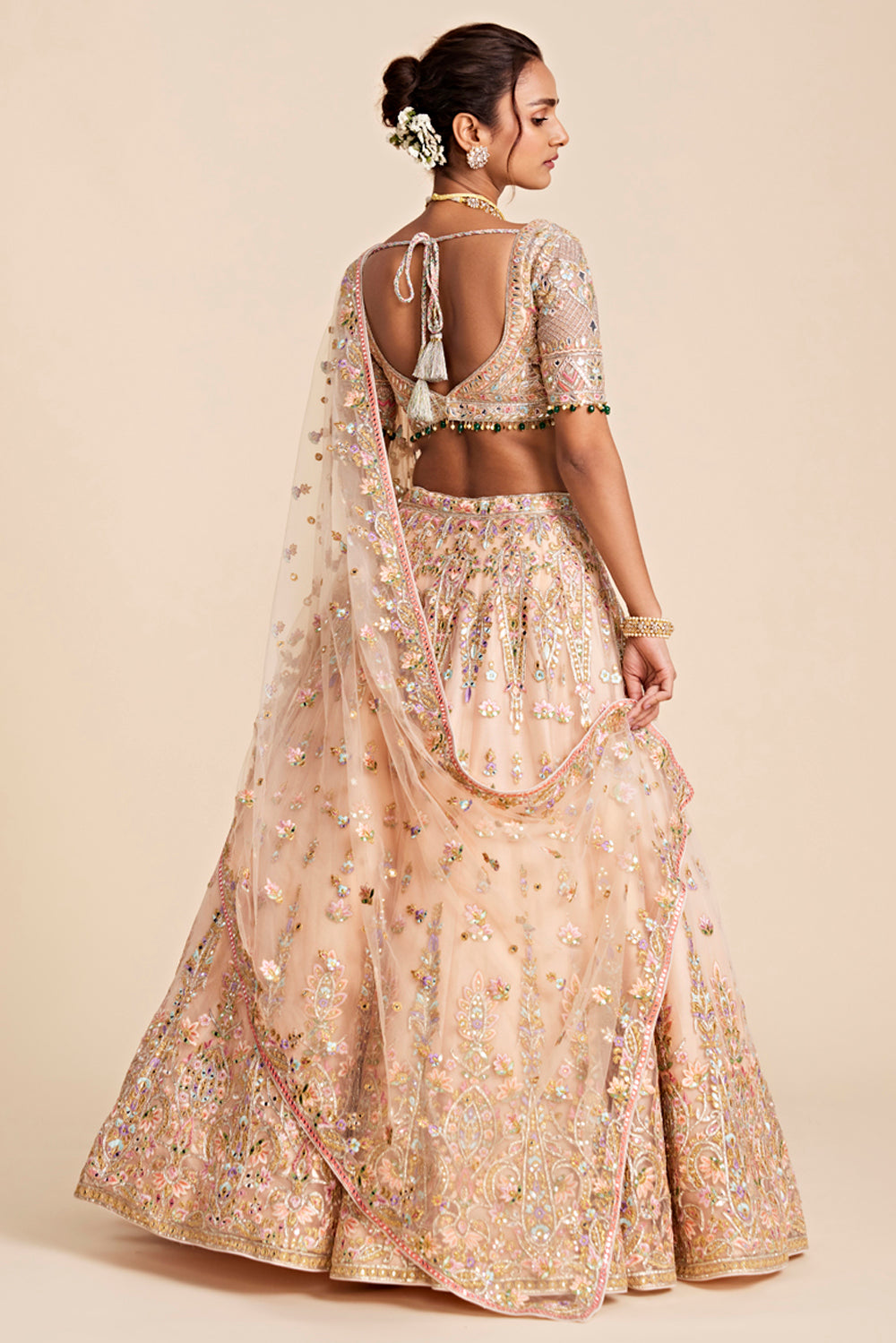 Peach Tulle Placement Embroidered Lehenga Set