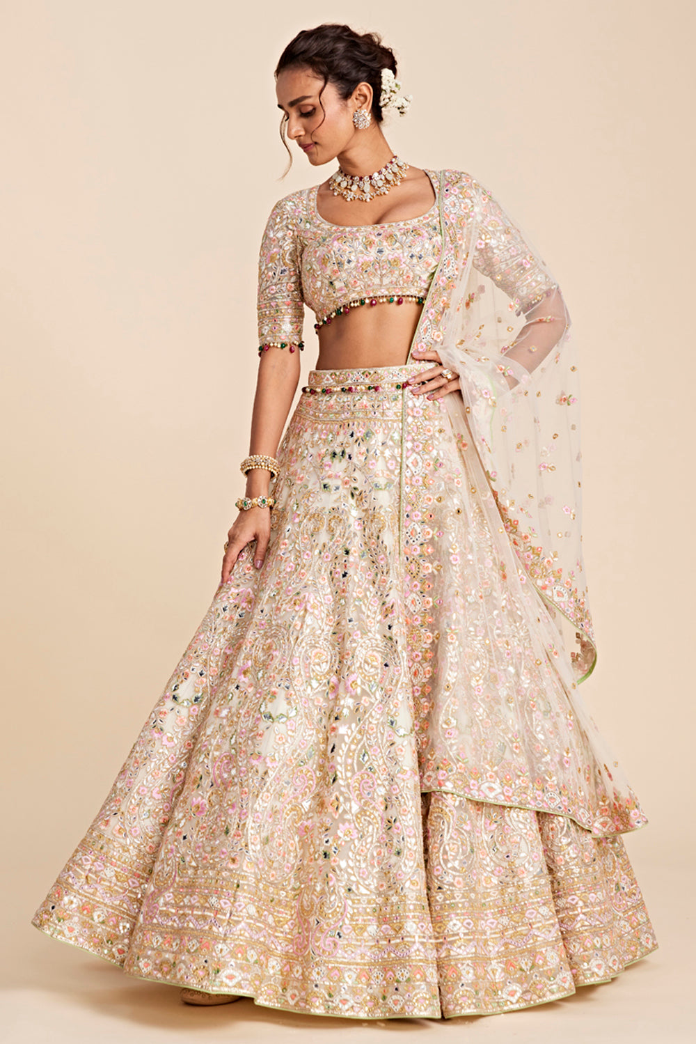 Ivory Tulle Swirl Lehenga Set