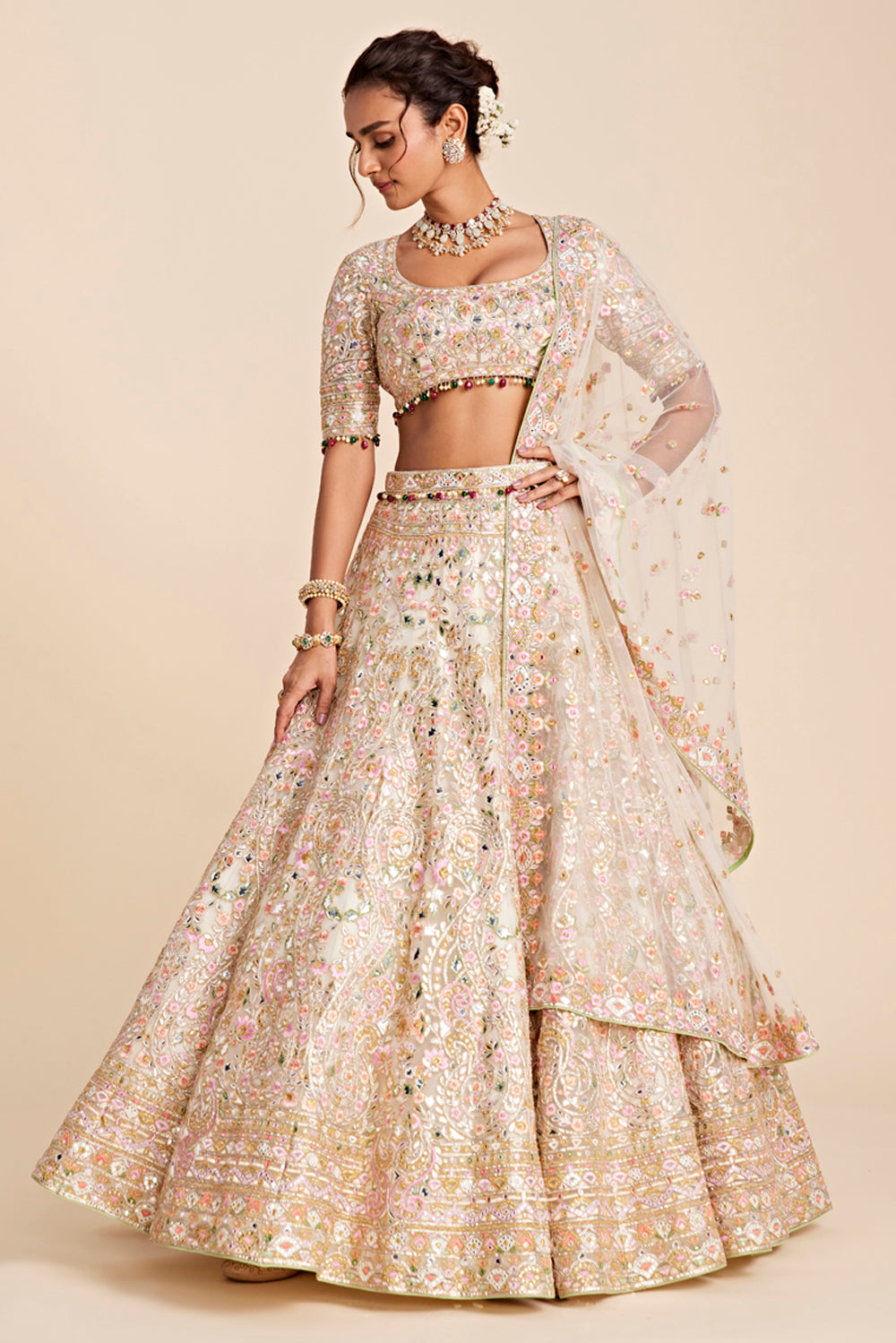 Ivory Tulle Swirl Lehenga Set