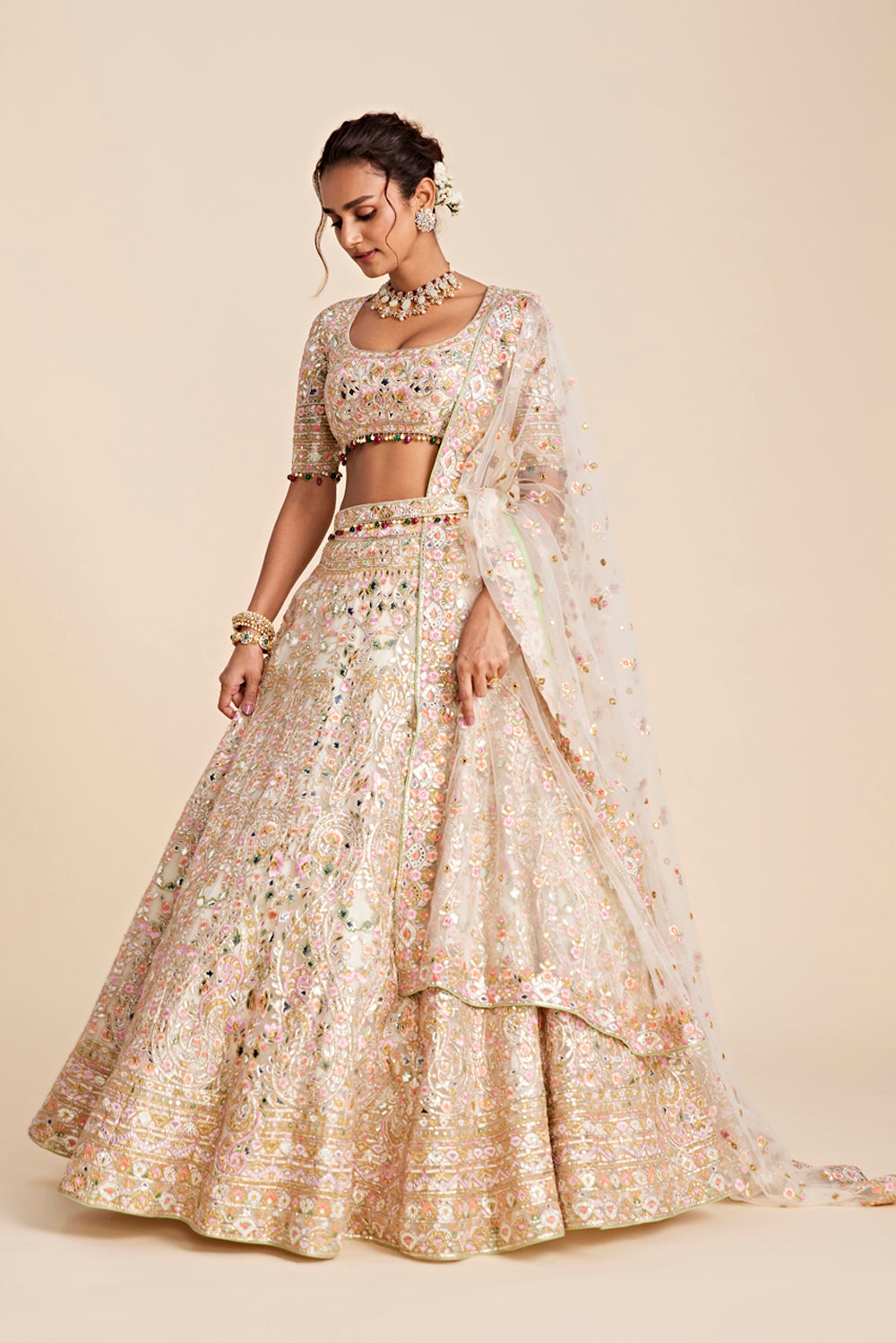 Ivory Tulle Swirl Lehenga Set