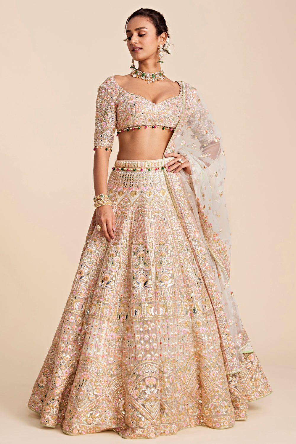 Ivory Tulle Heavily Embroidered Lehenga Set