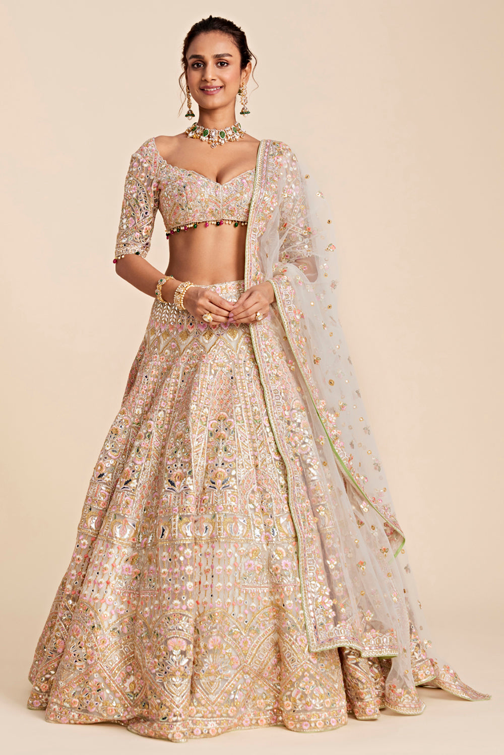 Ivory Tulle Heavily Embroidered Lehenga Set