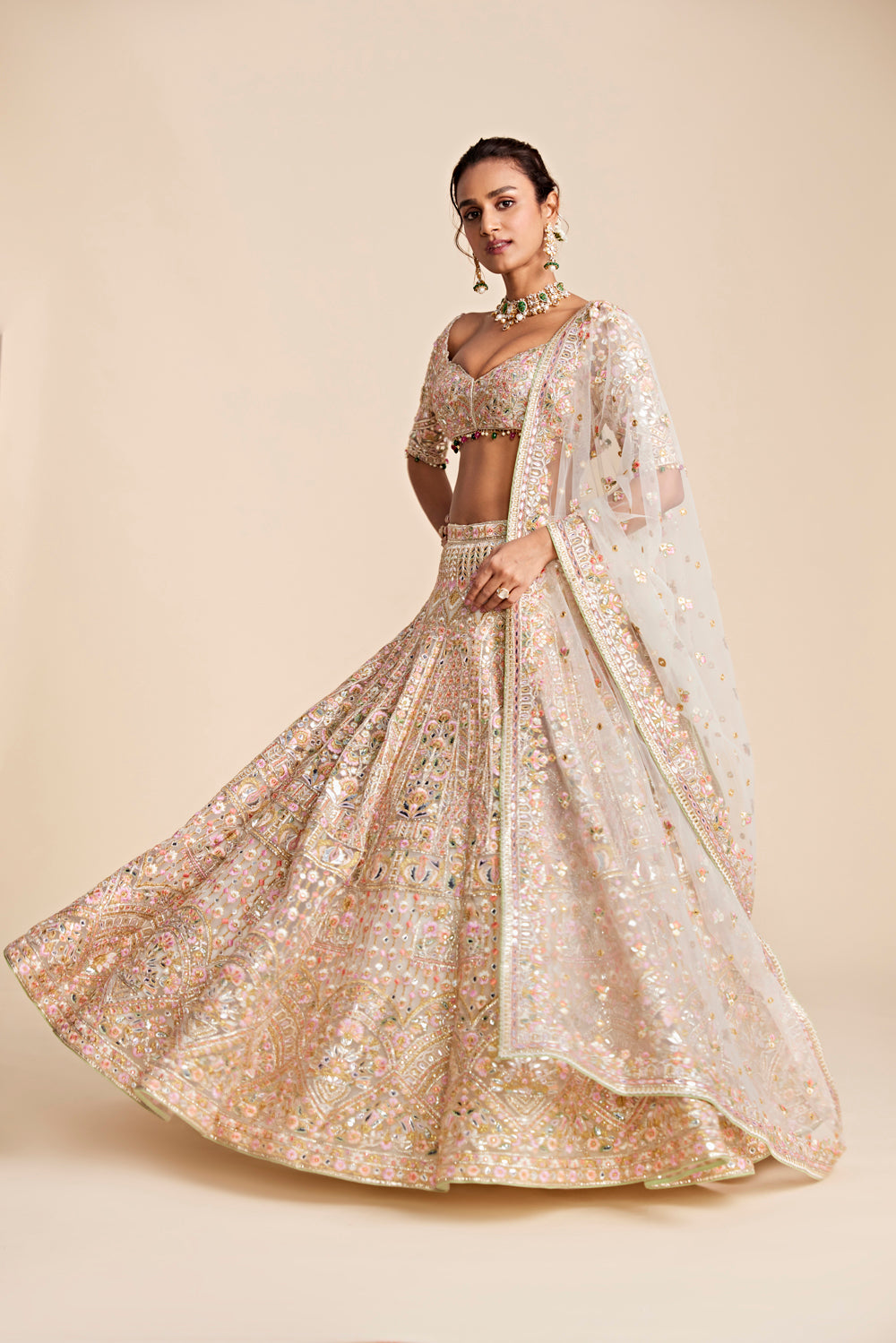 Ivory Tulle Heavily Embroidered Lehenga Set