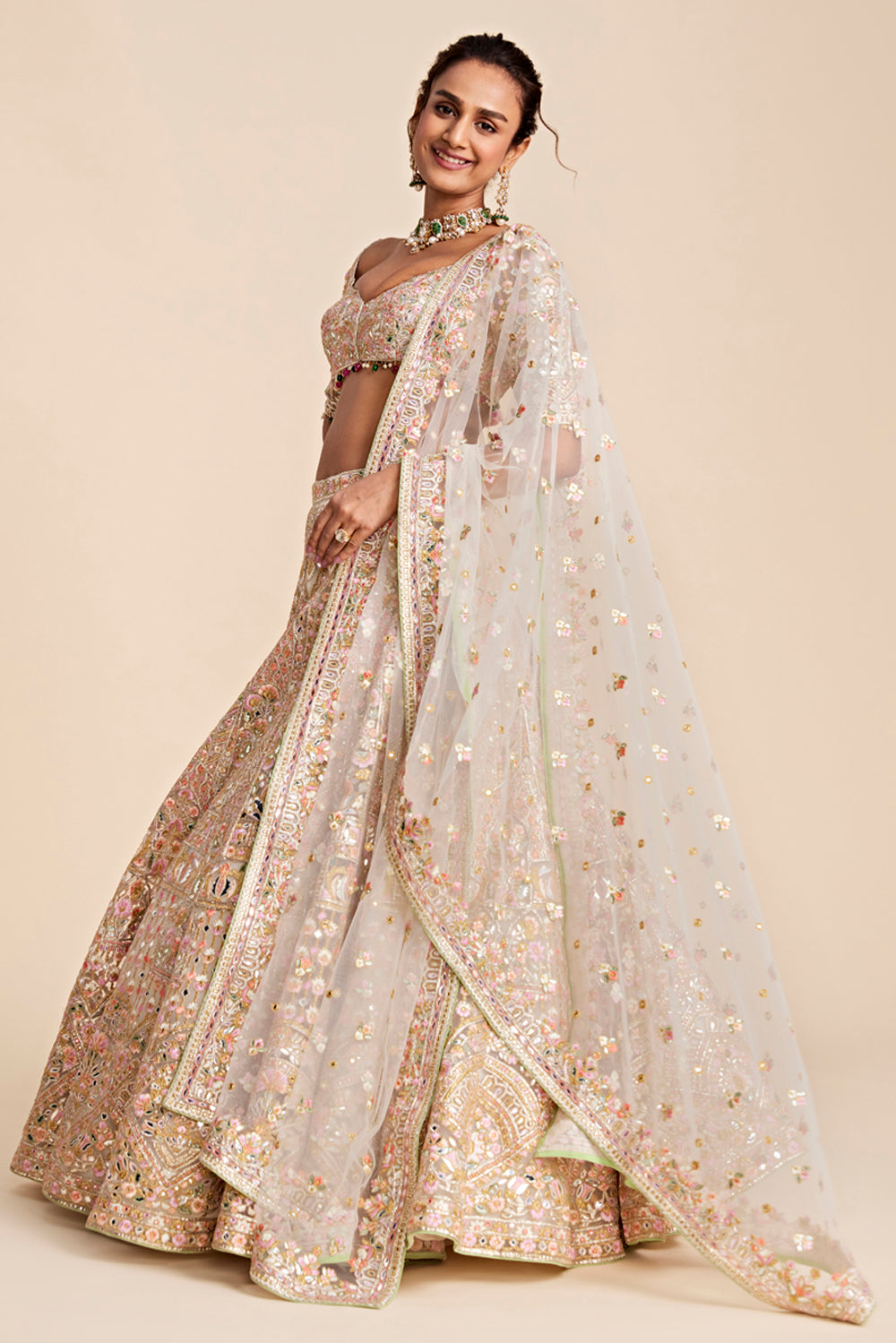 Ivory Tulle Heavily Embroidered Lehenga Set