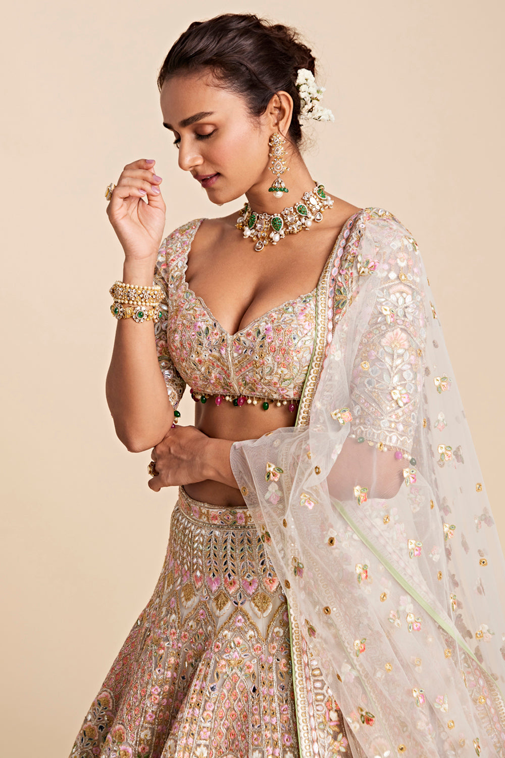 Ivory Tulle Heavily Embroidered Lehenga Set