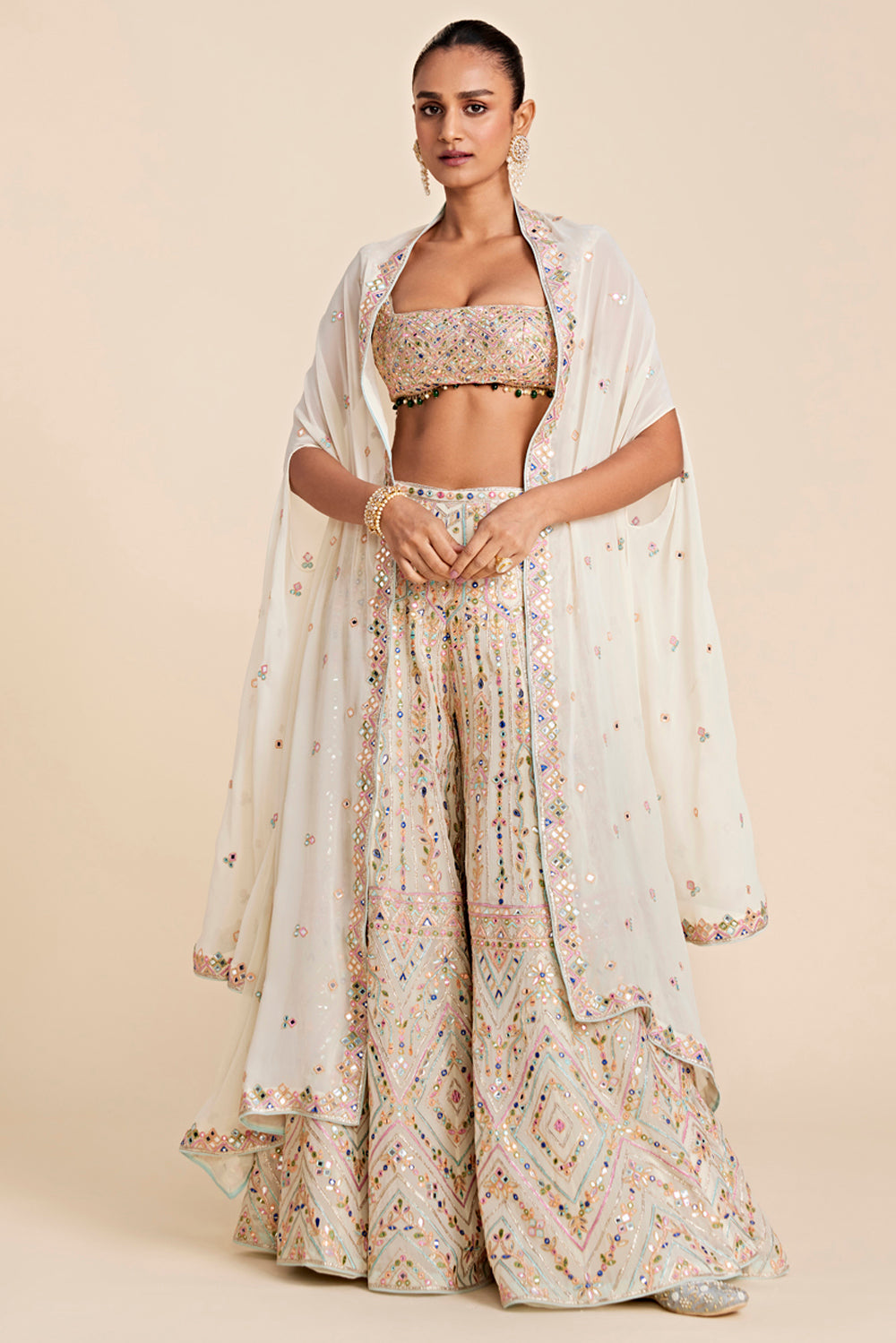 Ivory Georgette High Waist Sharara Set With Cape