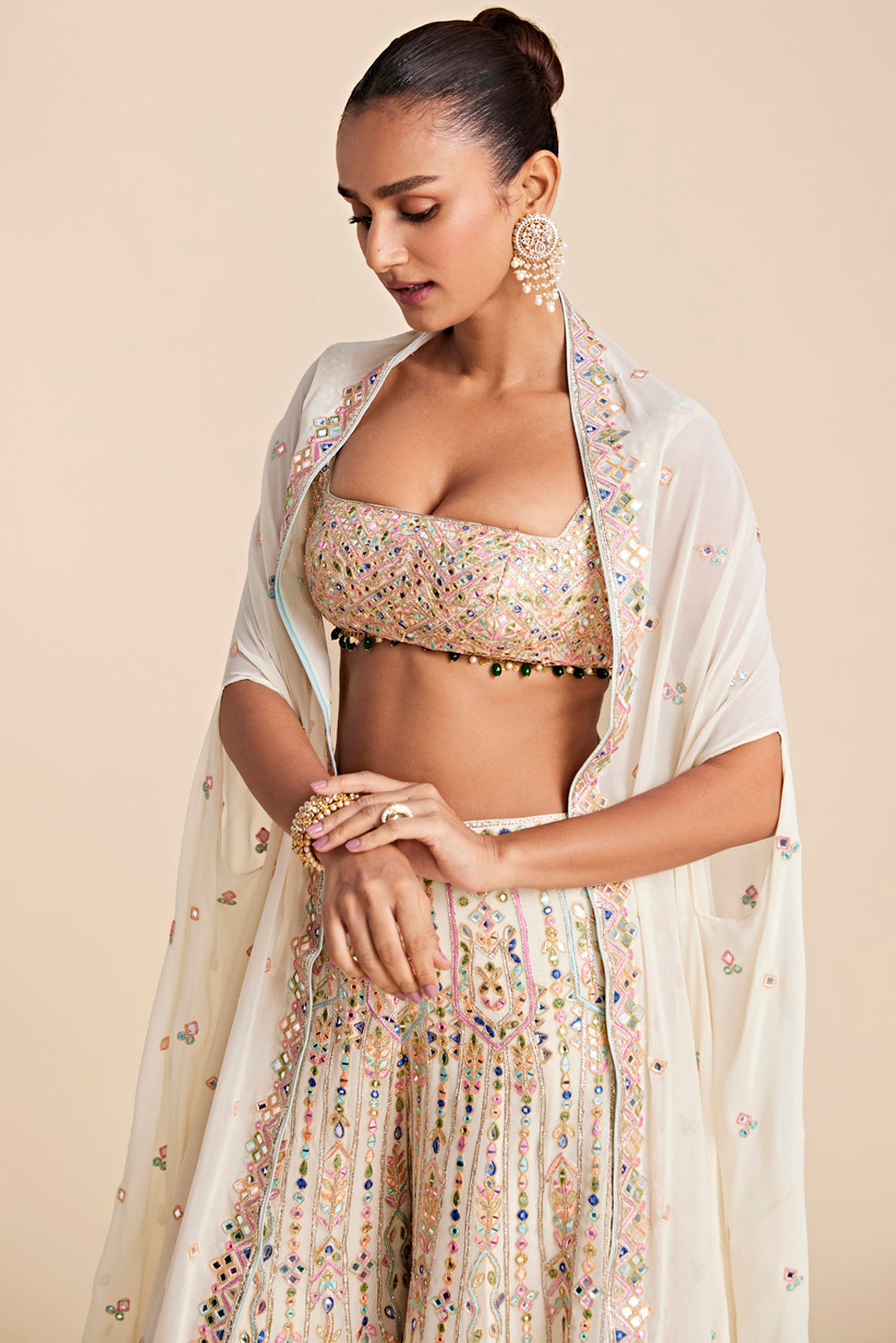 Ivory Georgette High Waist Sharara Set With Cape