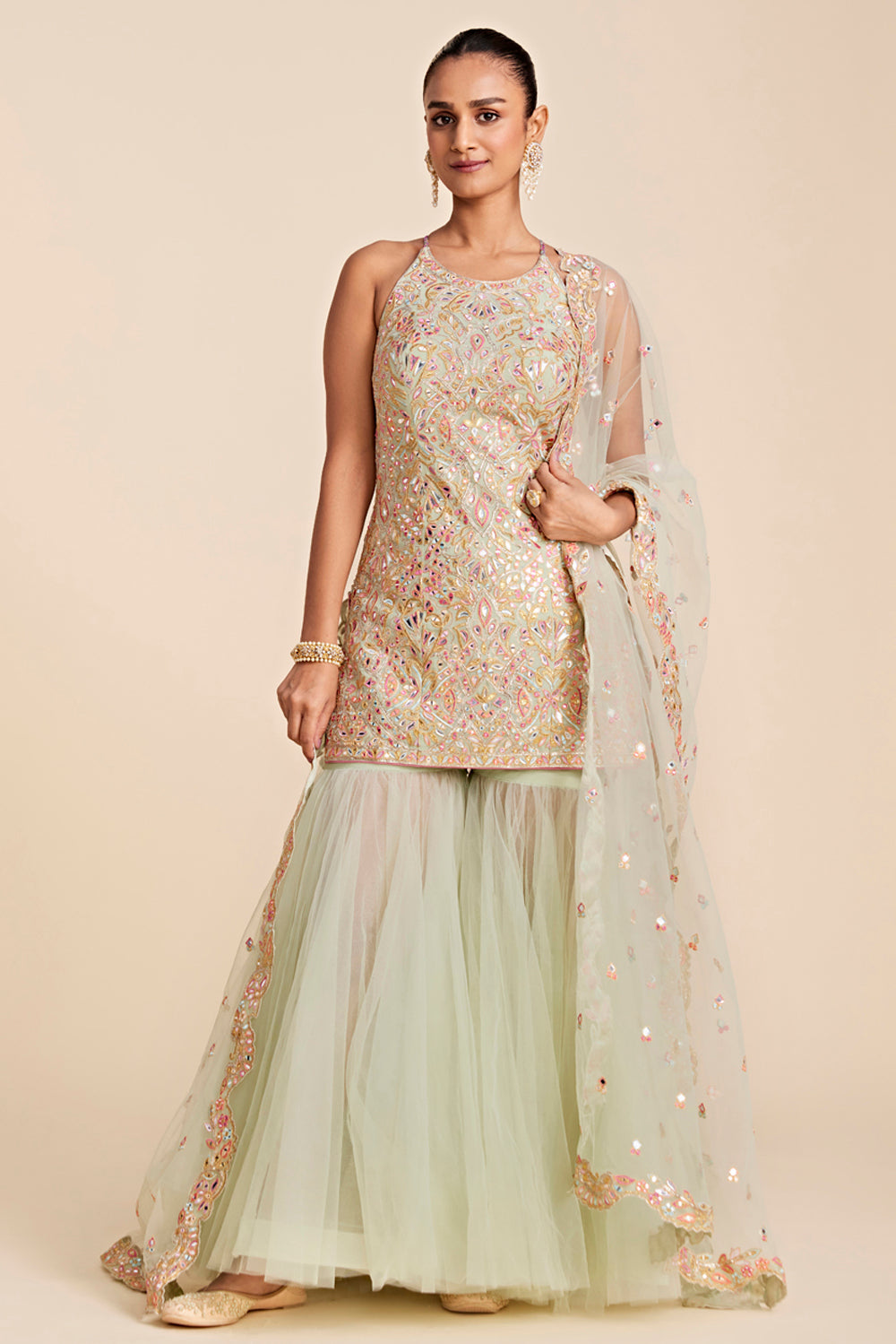 Green Tulle Halter Gharara Set