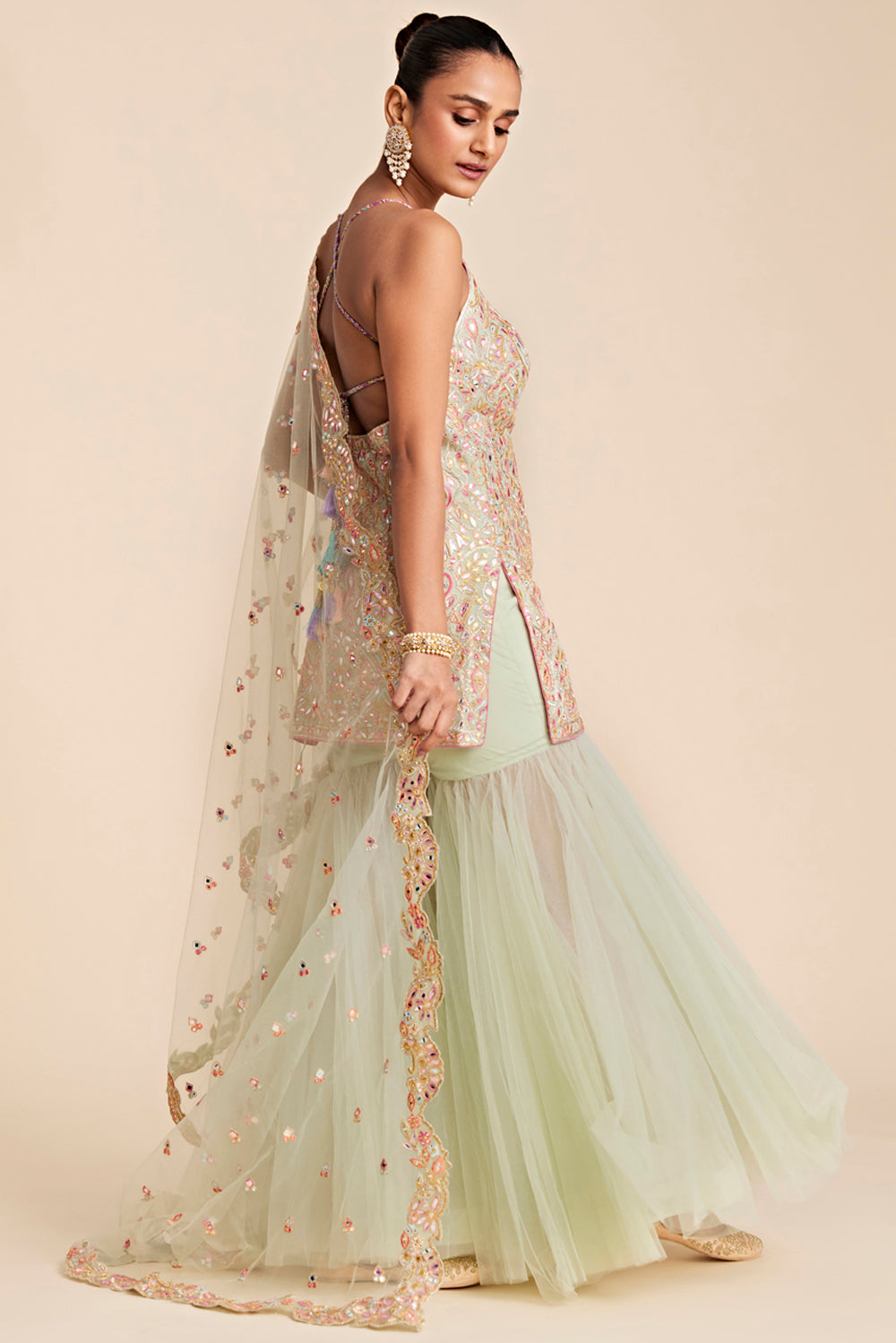 Green Tulle Halter Gharara Set