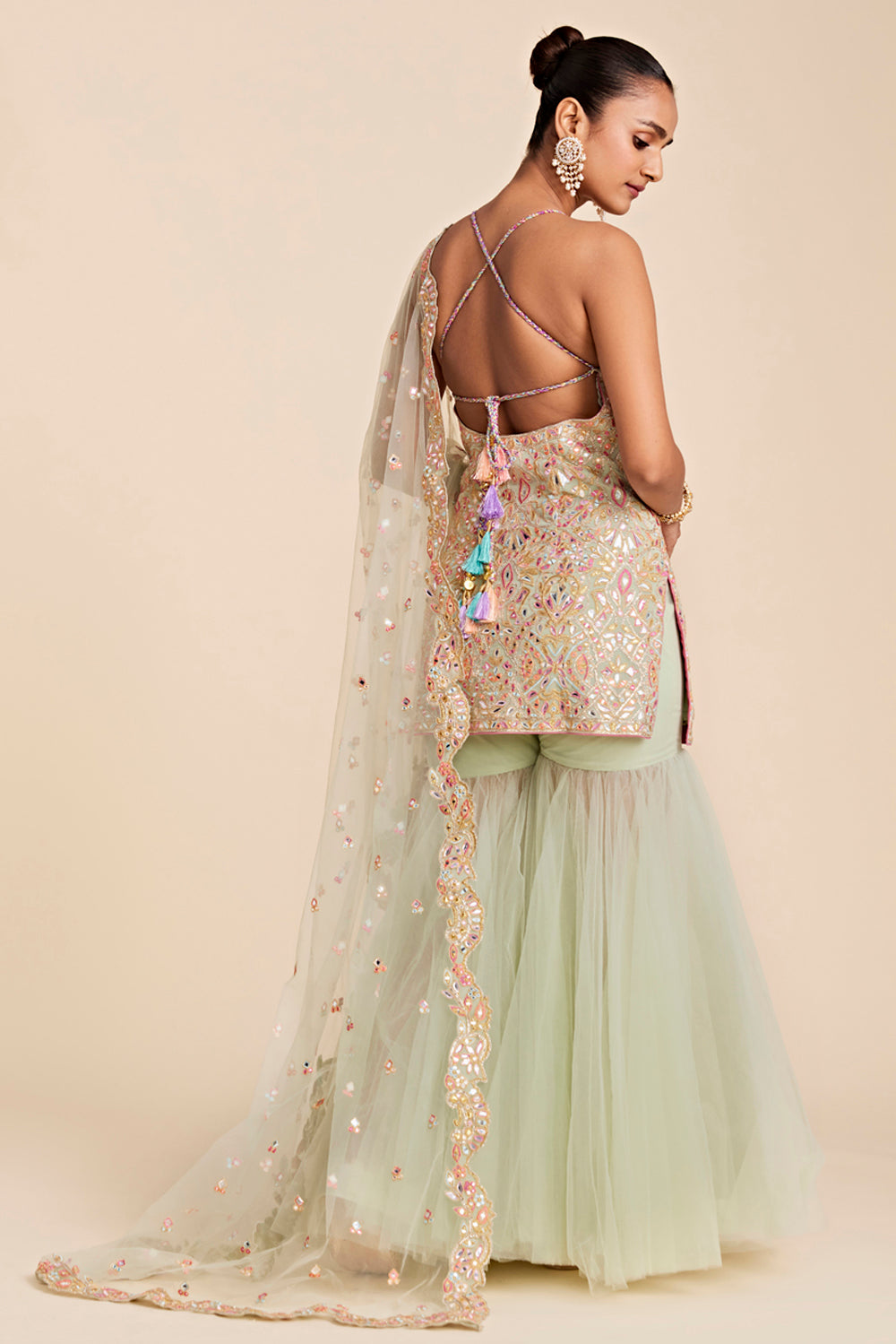 Green Tulle Halter Gharara Set