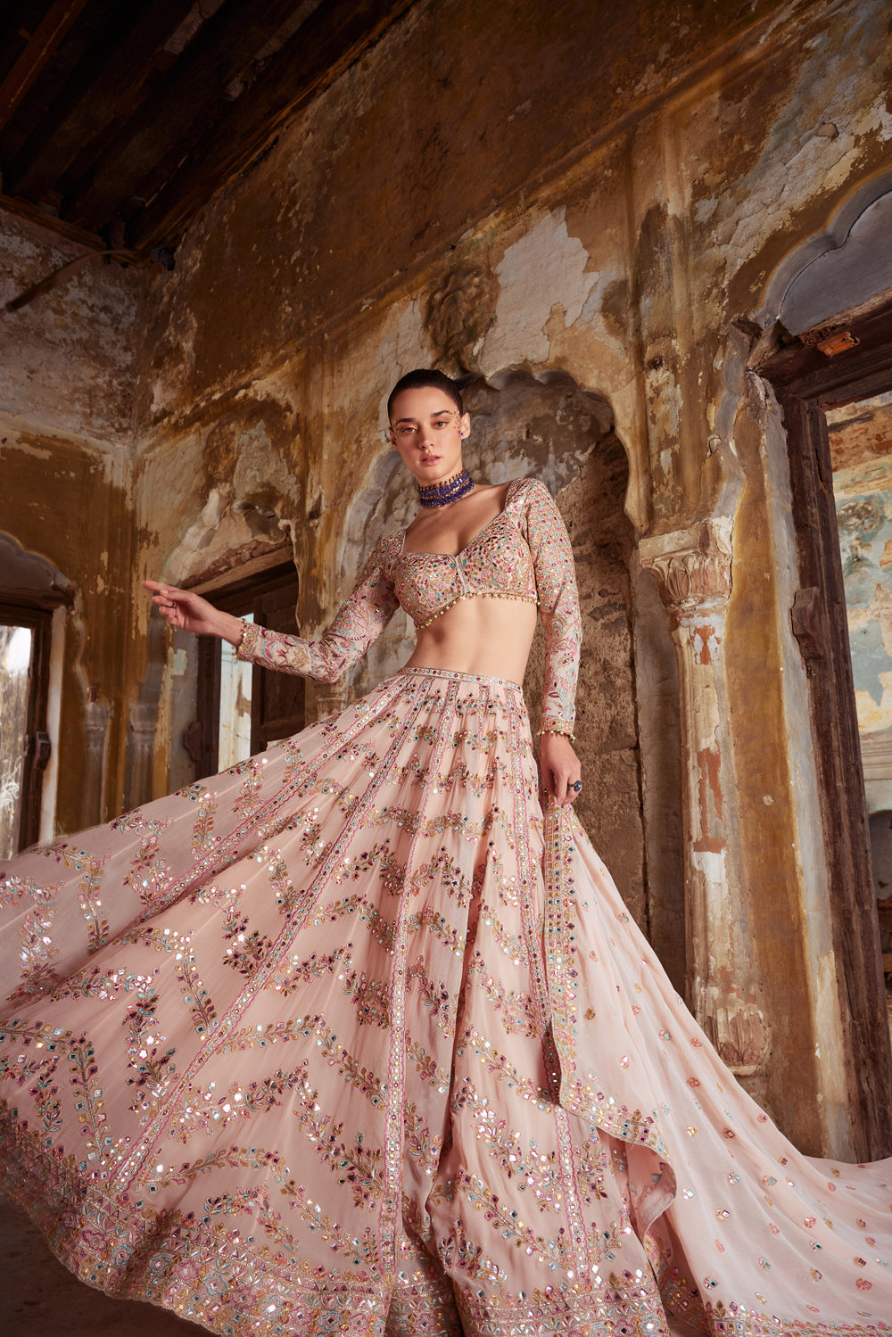 Peach Georgette Chevron Embroidered Lehenga Set