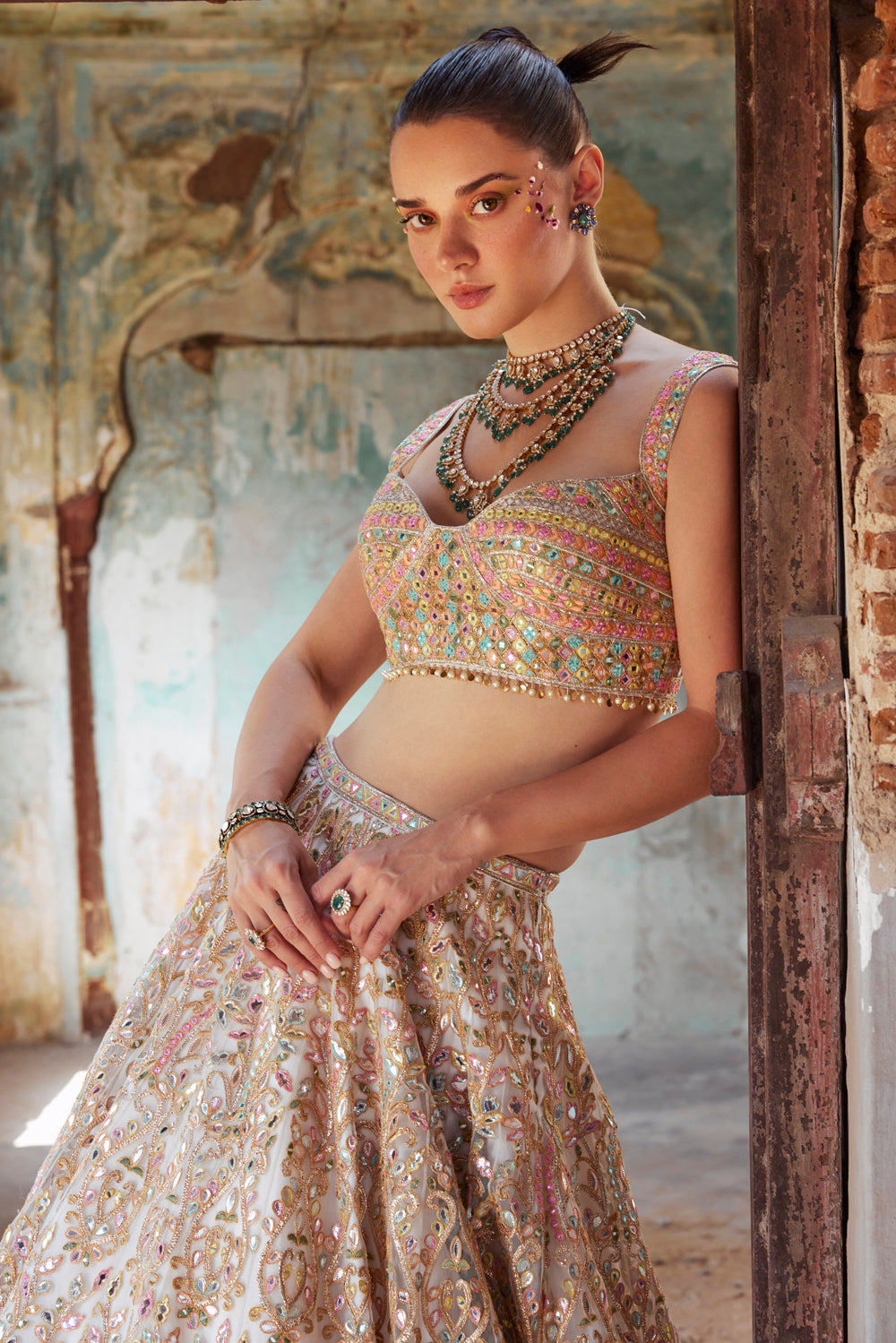 Ivory Net Foil Resham Embroidered Lehenga Set