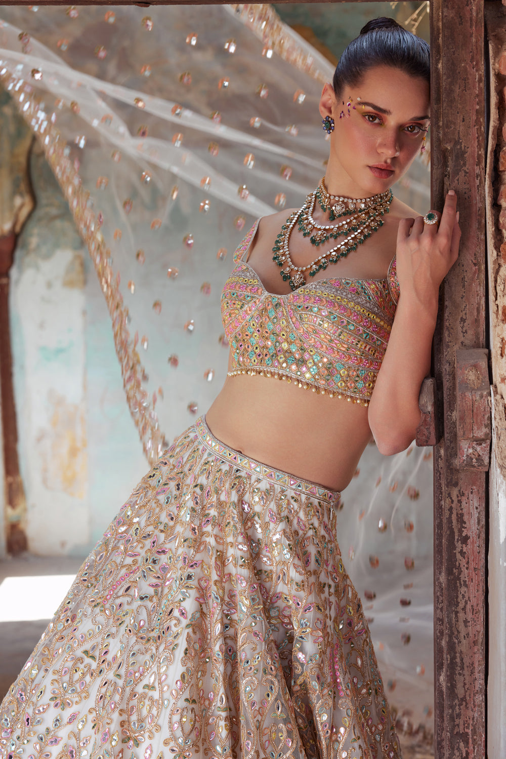 Ivory Net Foil Resham Embroidered Lehenga Set