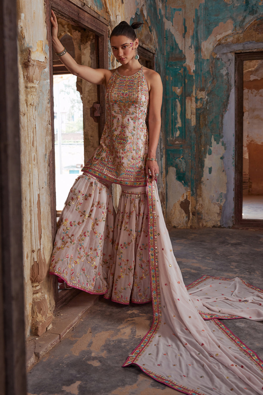 Blush Pink Georgette Halter Gharara Set