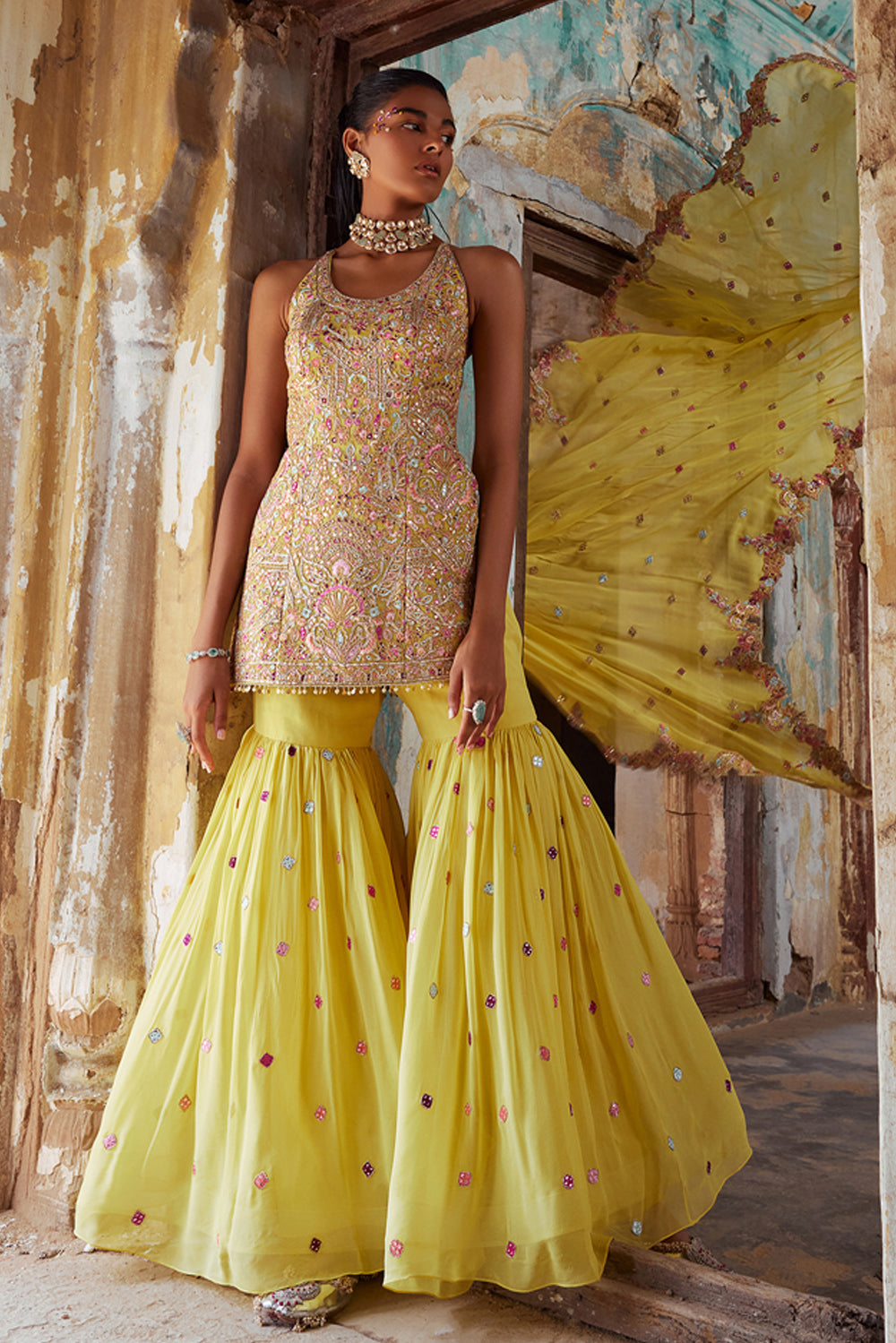 Bright Yellow Georgette Halter Gharara Set