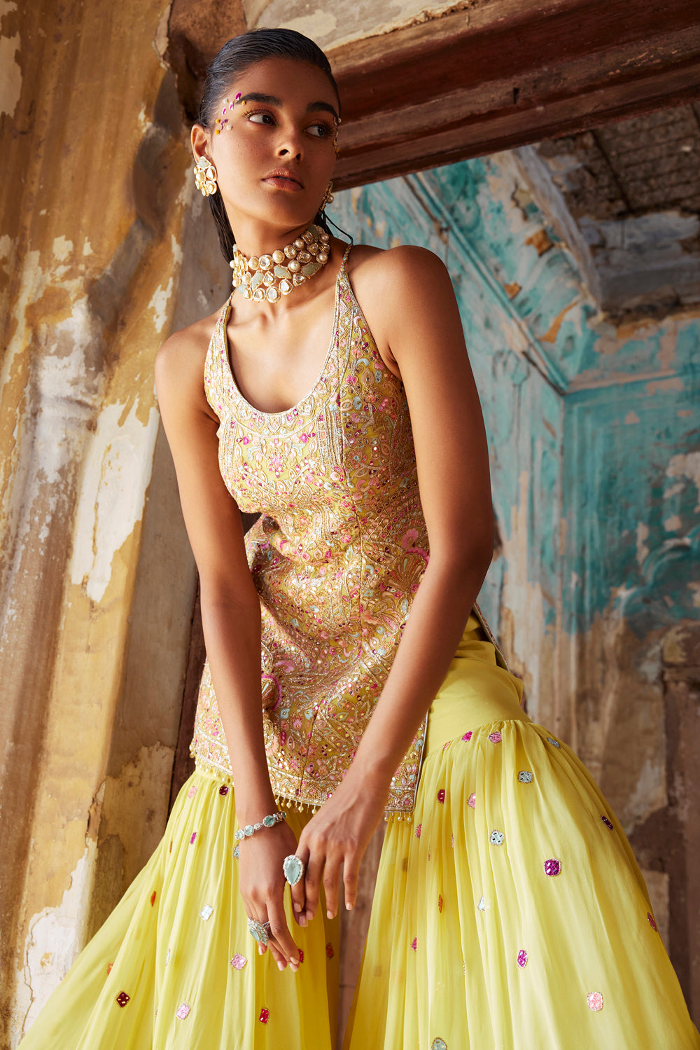 Bright Yellow Georgette Halter Gharara Set