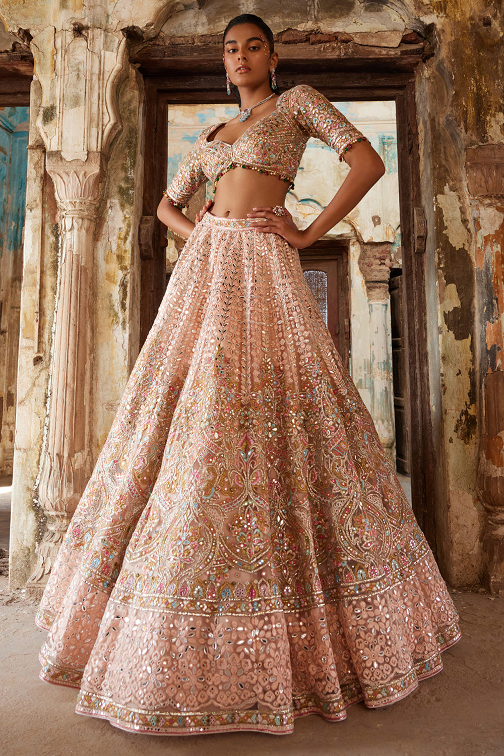 Peach Net Self and Multicolour Embroidered Lehenga Set