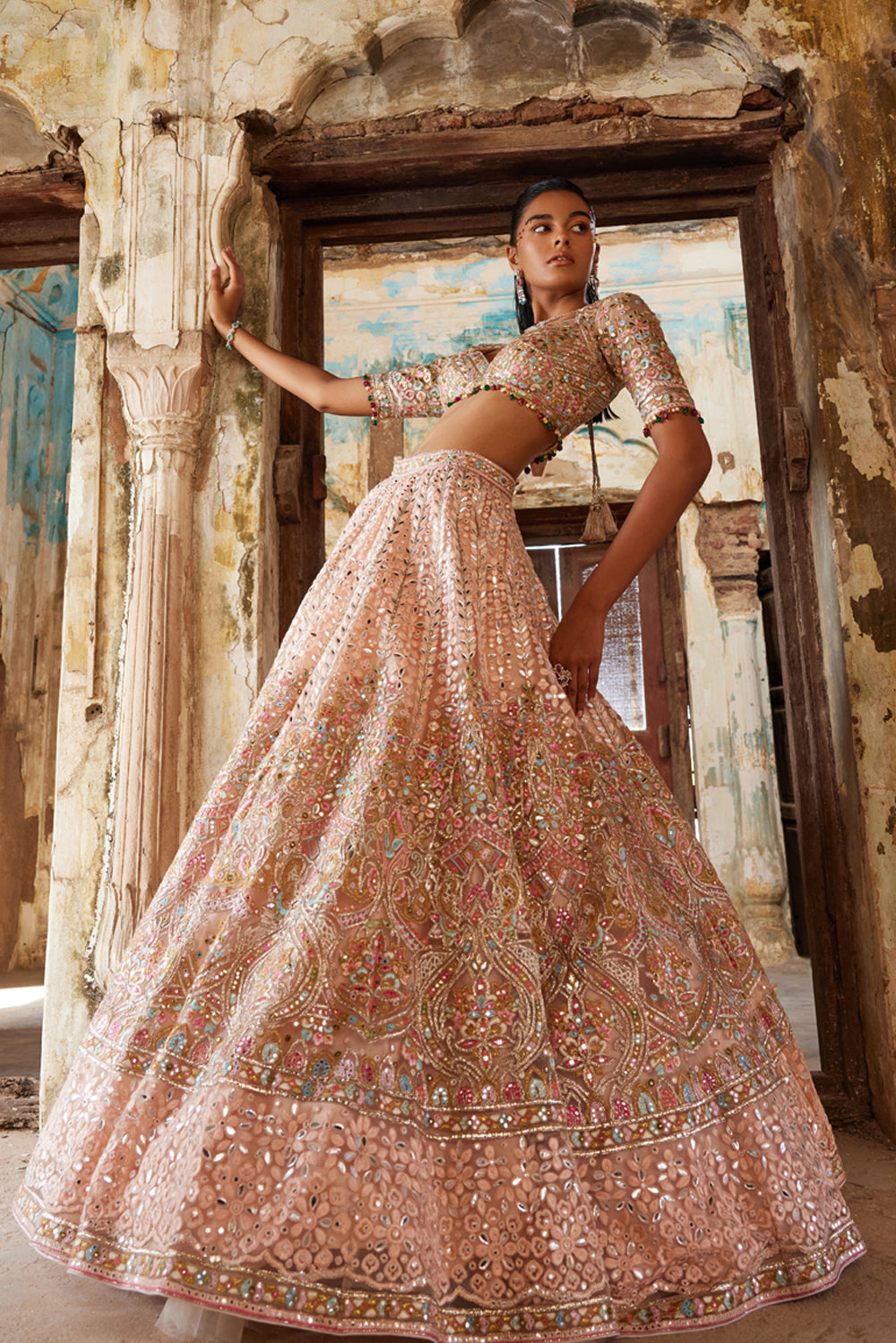 Peach Net Self and Multicolour Embroidered Lehenga Set