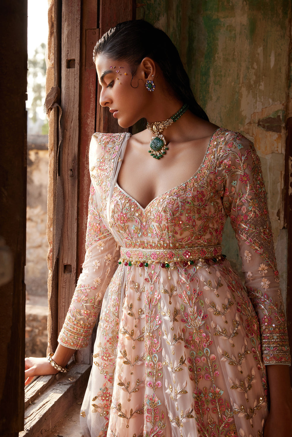 Peach Net Floor Length Anarkali Set